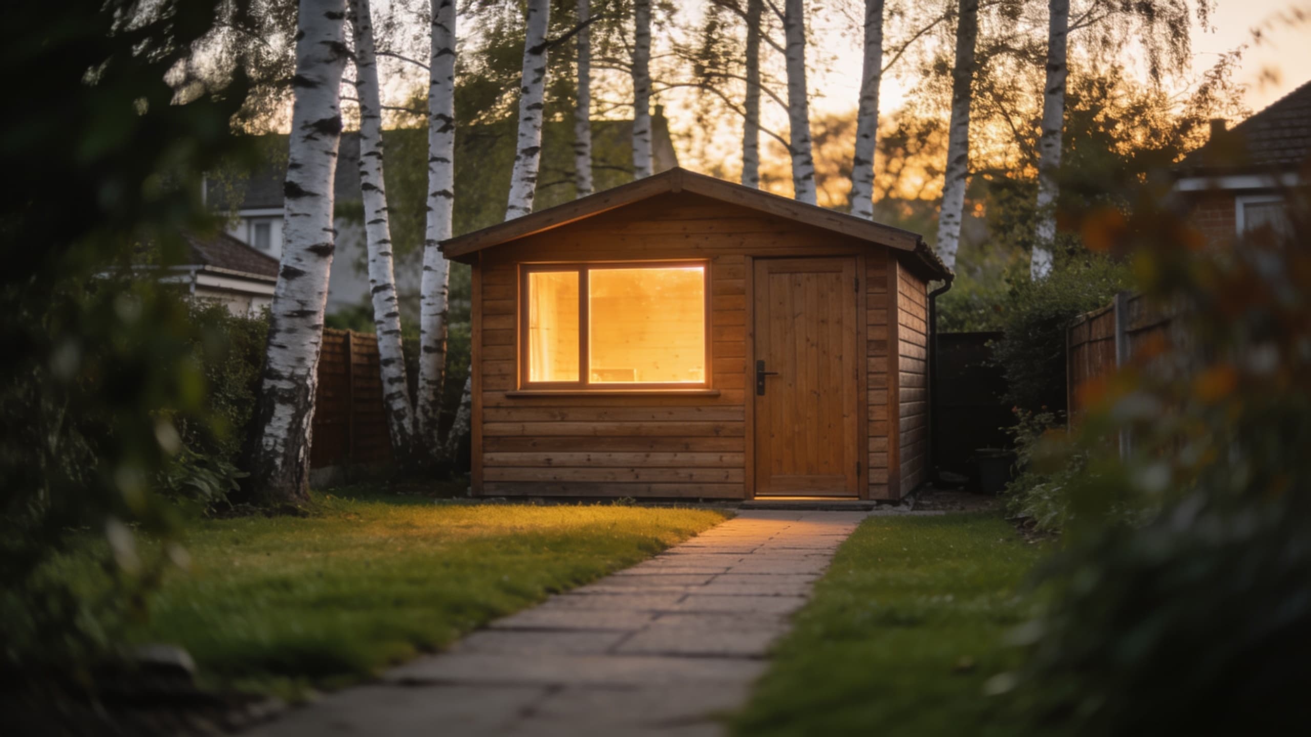 A small timber-clad garden studio at the end of a suburban lawn in late afternoon light