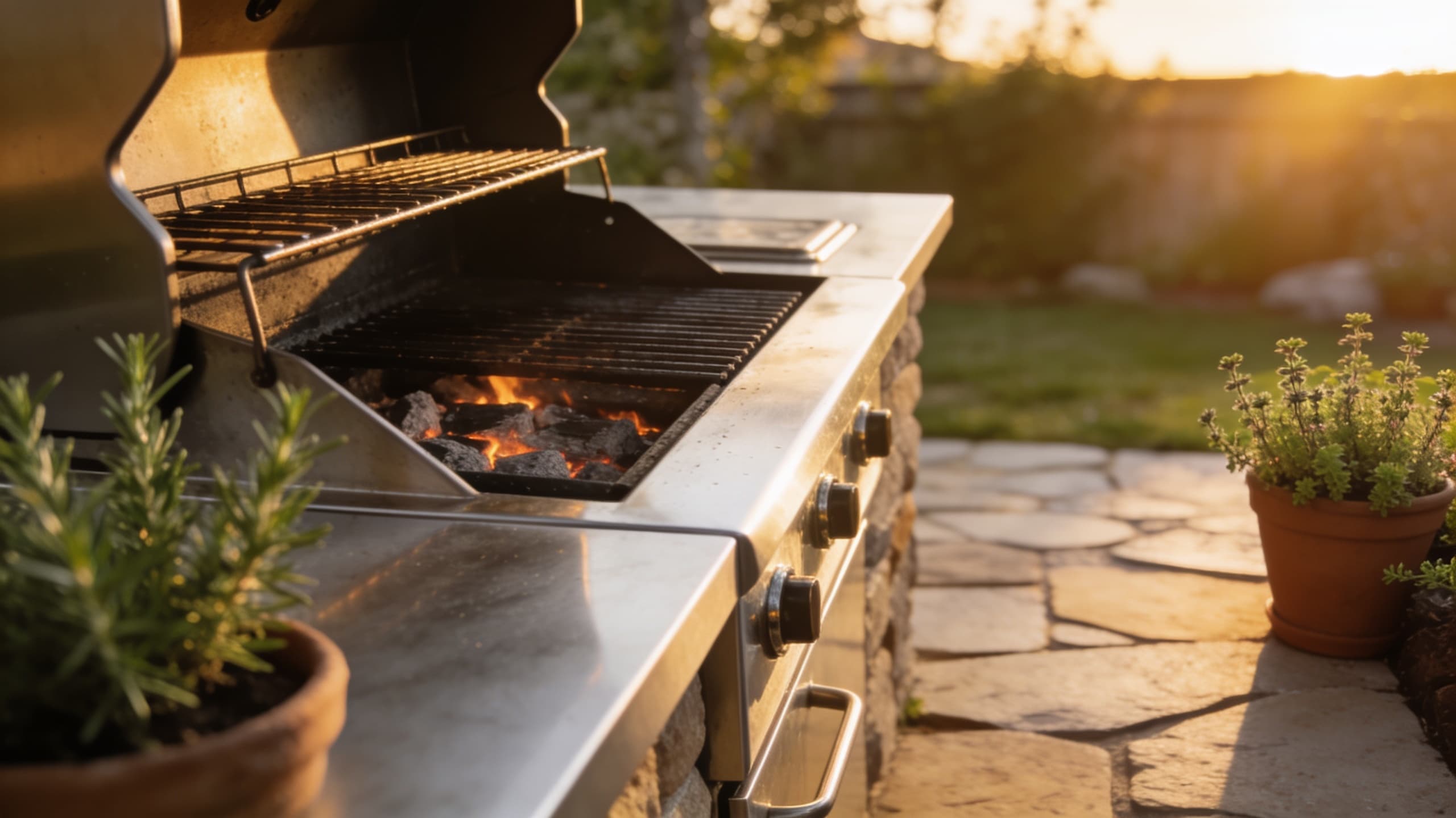 A backyard cooking station at golden hour, stainless counter and grill grates over glowing embers