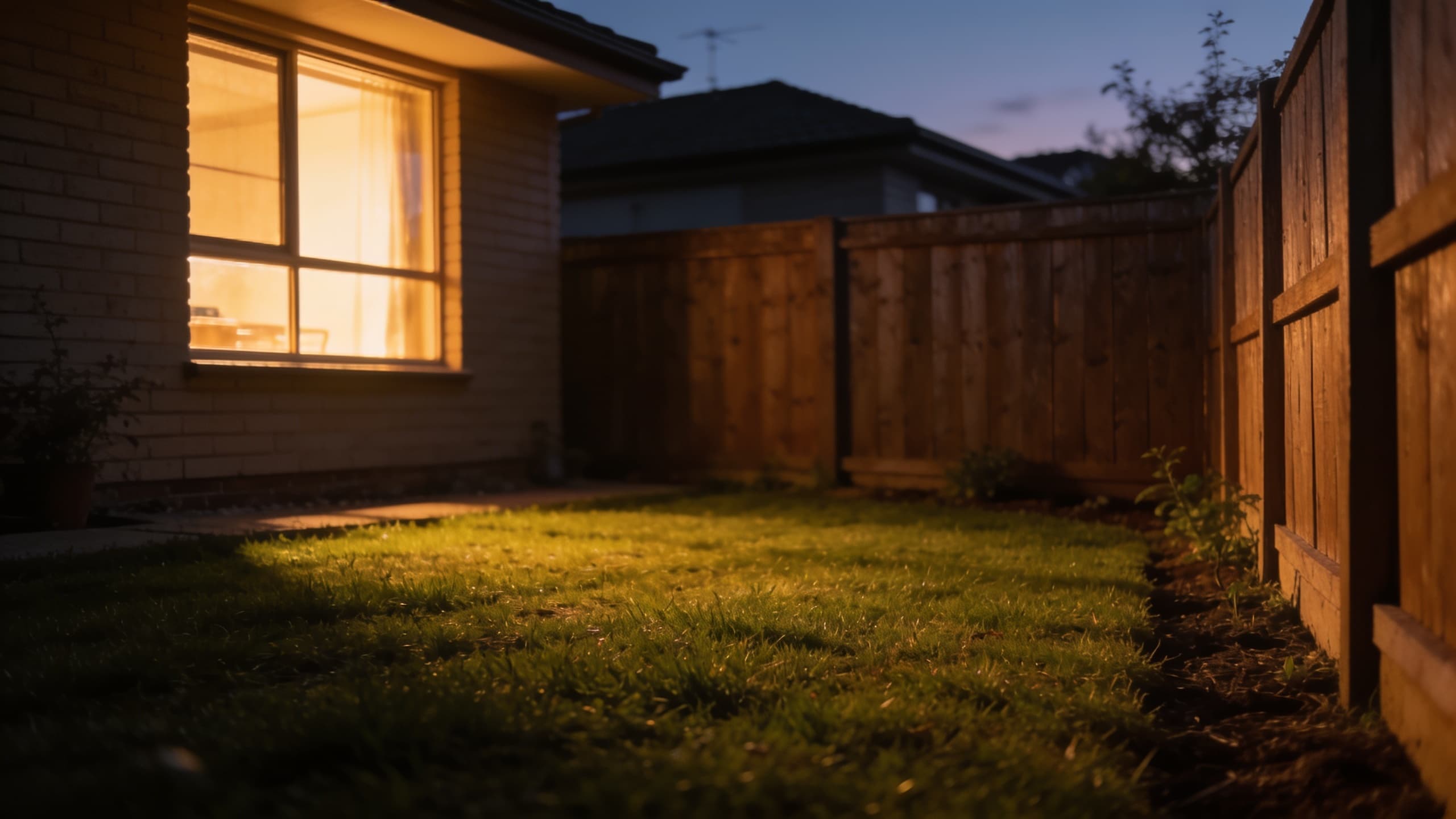 A quiet suburban garden at dusk with a timber fence and warm window light