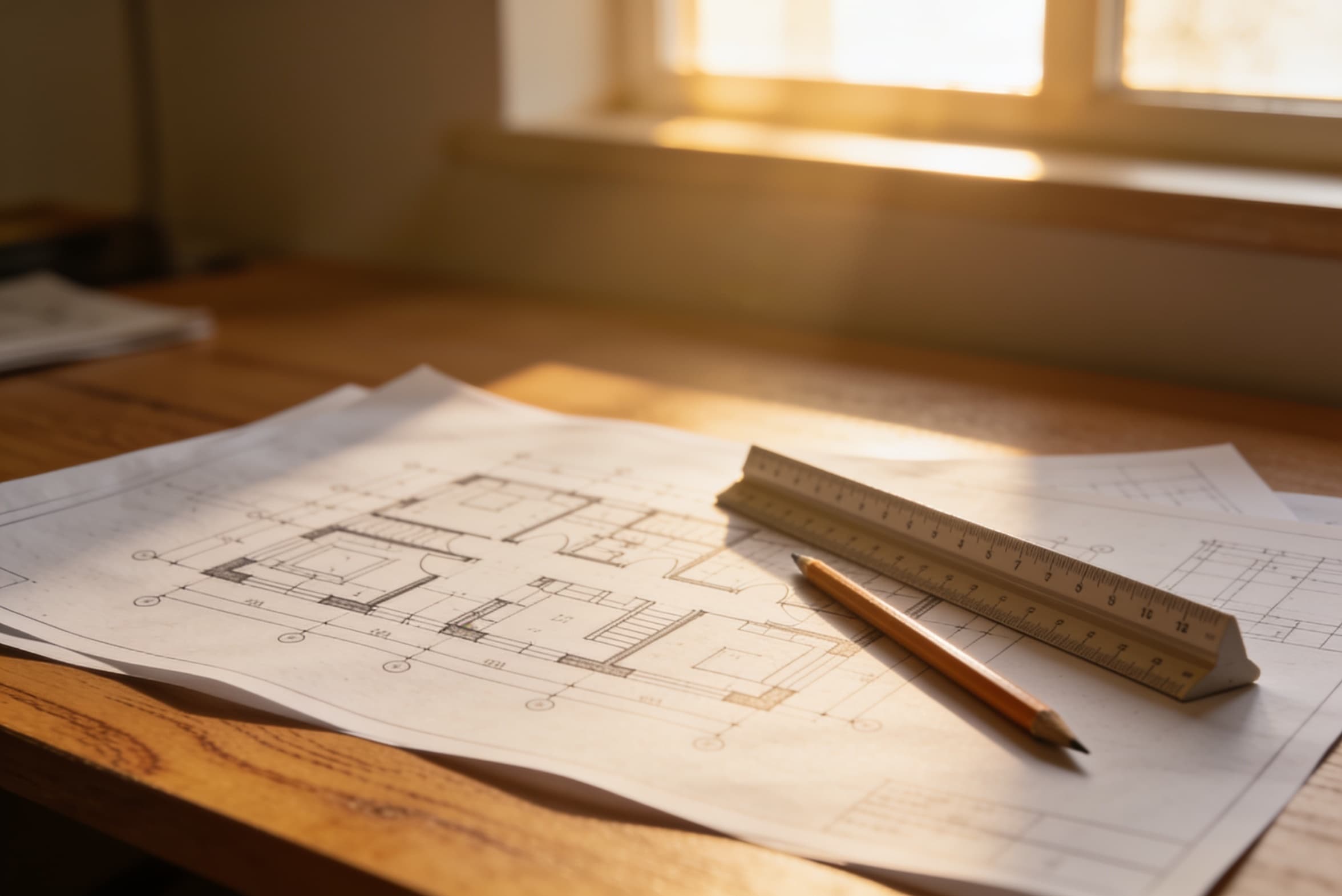Architectural plan sheets spread on a desk in morning light