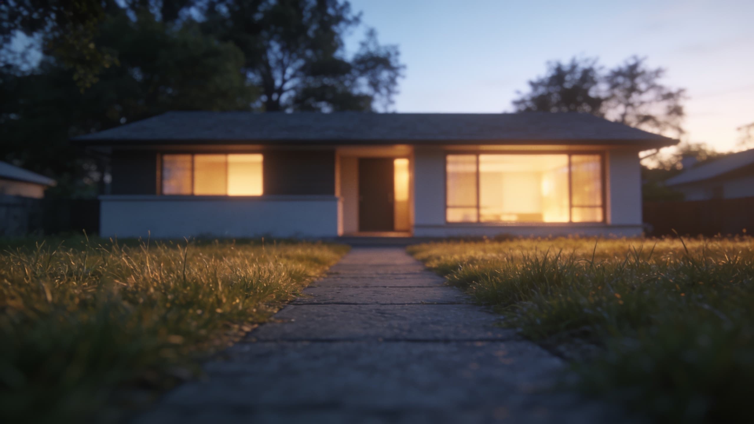 A contemporary single storey house with large windows at dusk, seen across a lawn